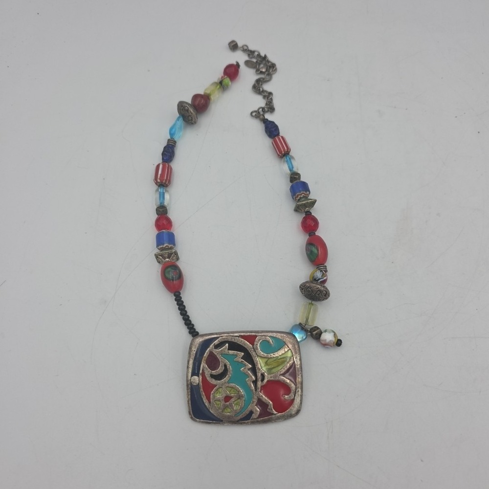 Chico's pewter lucite ceramic bead enamel pendant necklace 15"+4" Parts Repair